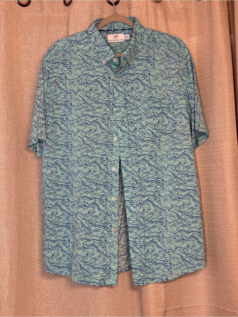 Southern Tide Light Blue Short Sleeve Button-Down with Navy Fish Print